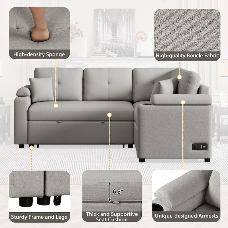 87.4" Lshape Sofa Bed Pullout Sleeper Sofa with Wheels, USB Ports